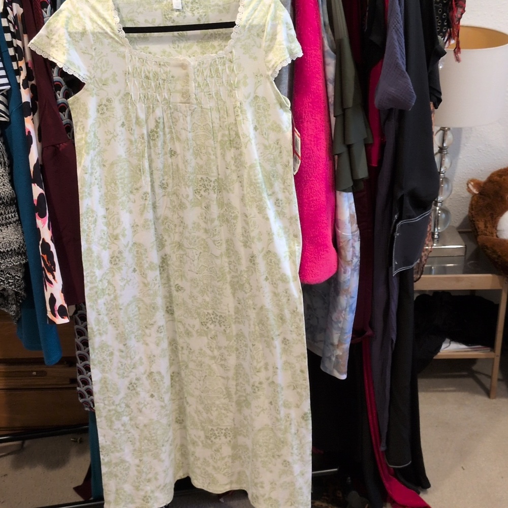 Charter Club Floral Cotton Nightgown - White & Sage XS